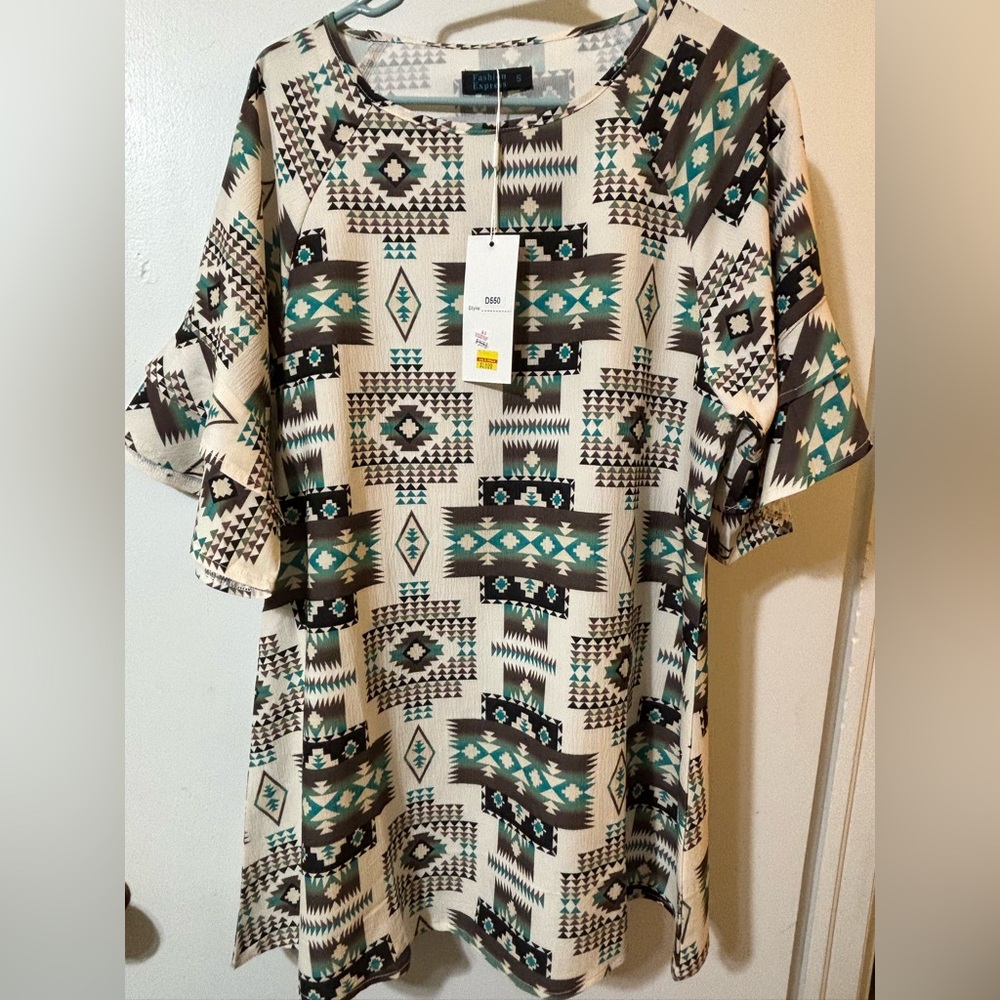 Cherokee Women's Mini Dress with Turquoise and Brown Aztec Pattern